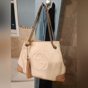 PRELOVED AUTHENTIC GUCCI TOTE CANVAS W LEATHER TRIM CHAIN STRAP LEATHER PADDING